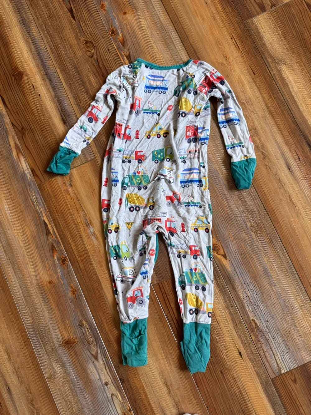Little sleepies - 12-18 month - Footed Pajama - Teal Trim with Multicolor Trucks